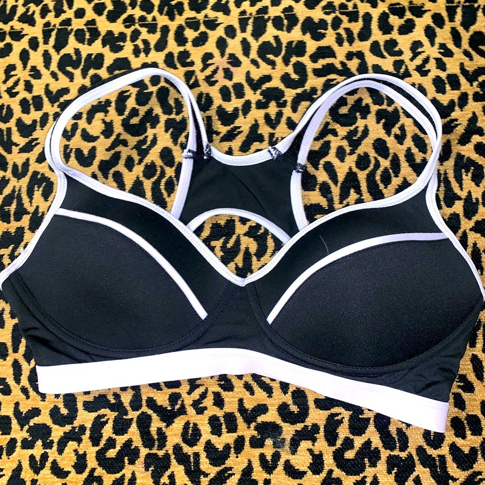 A black and purple sports bra